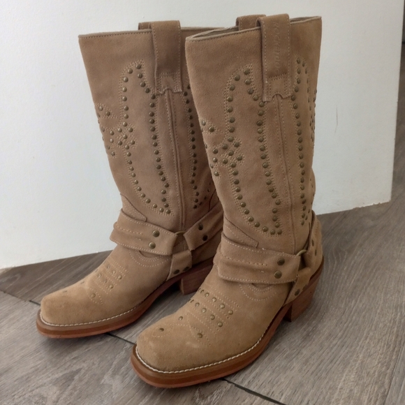 Rocketdog Shoes - Women's Rocketdog Suede Leather Studded Motorcycle Boots Beige Size 6